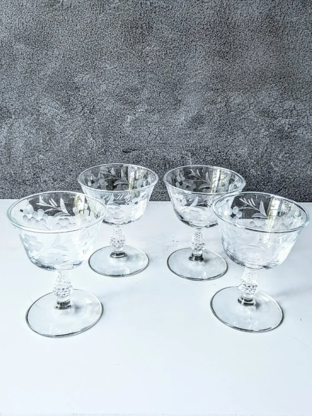Set of 4 Etched Floral Fine Glass Coupes - Stemmed Baluster Twist